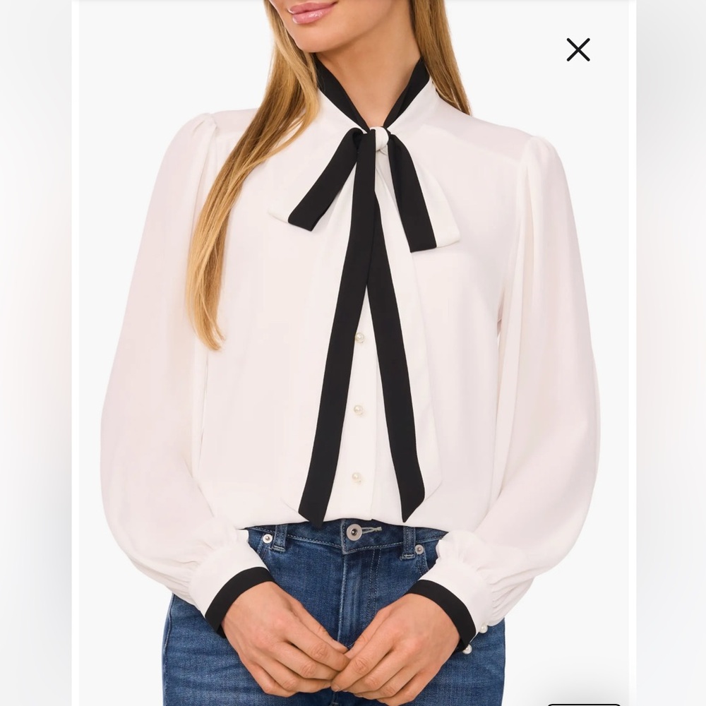 CeCe White and Black Women's Blouse with Tie Detail